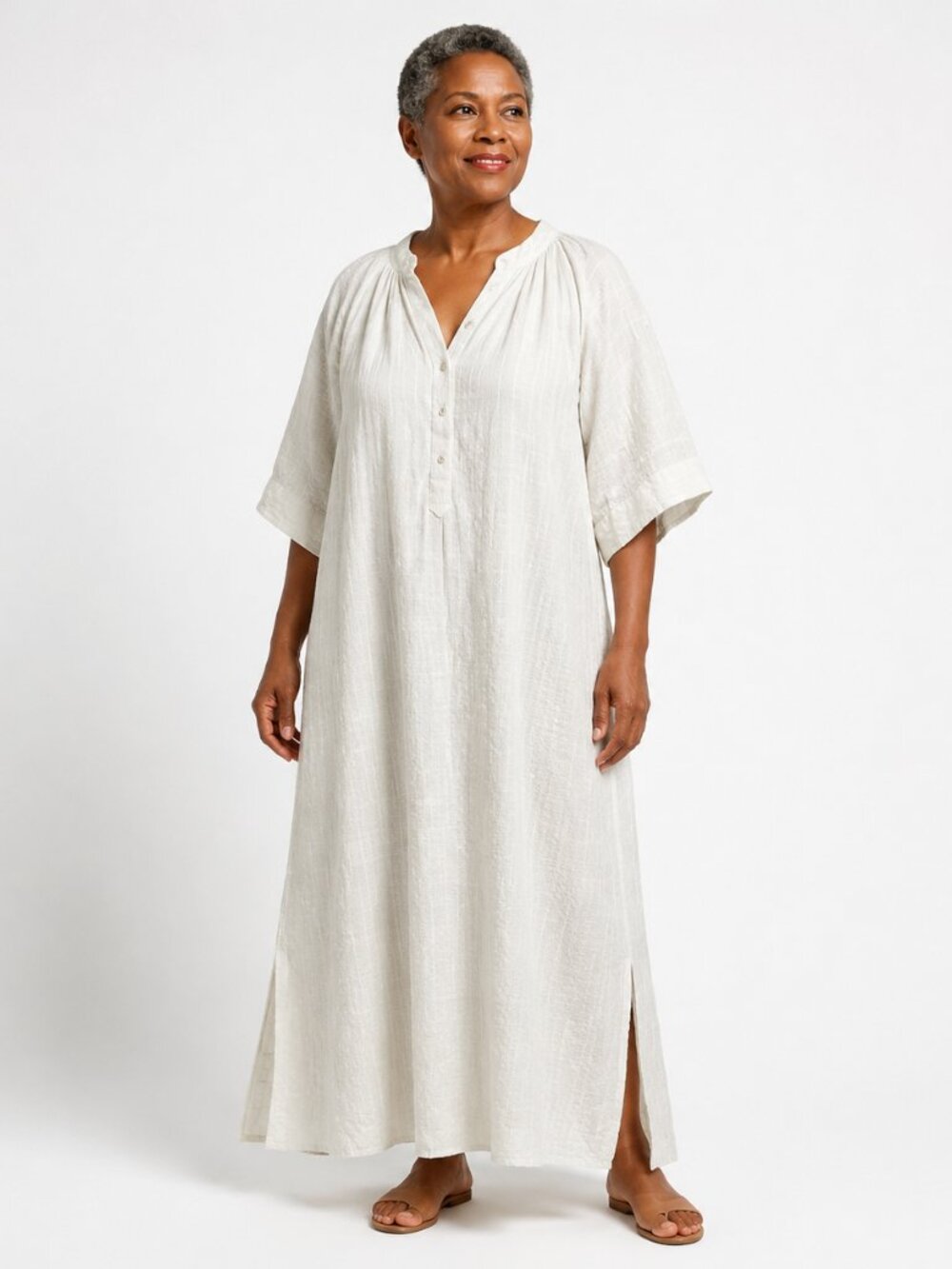 MIRTH White Boxweave Cotton Maxi Dress XS Split Neck Side Slit Coastal Boho Chic